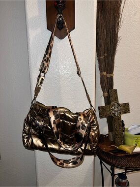 Metallic Bronze Quilted Shoulder Bag with Leopard Strap